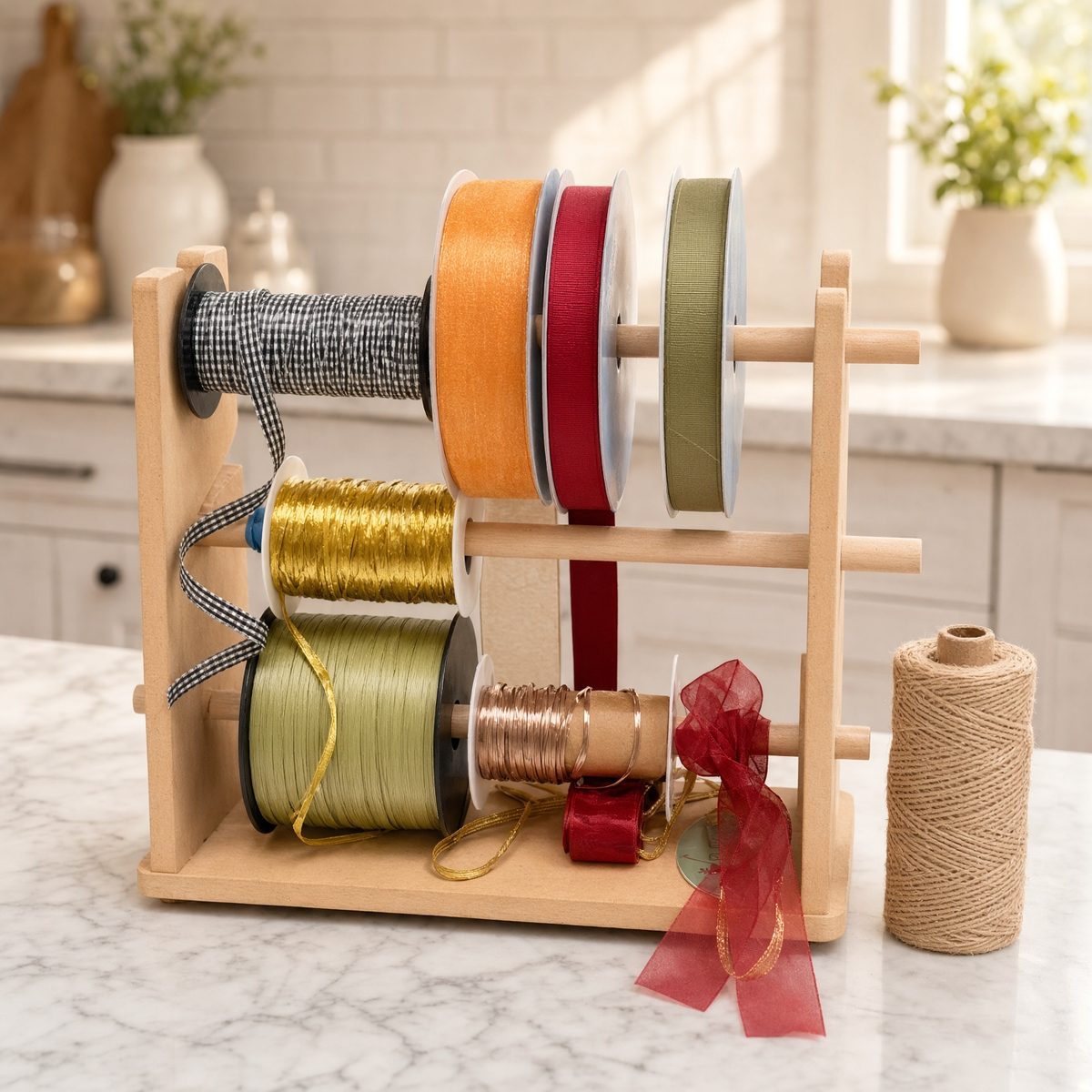 Colorful gift-wrapping ribbons and twine arranged on a wooden rack